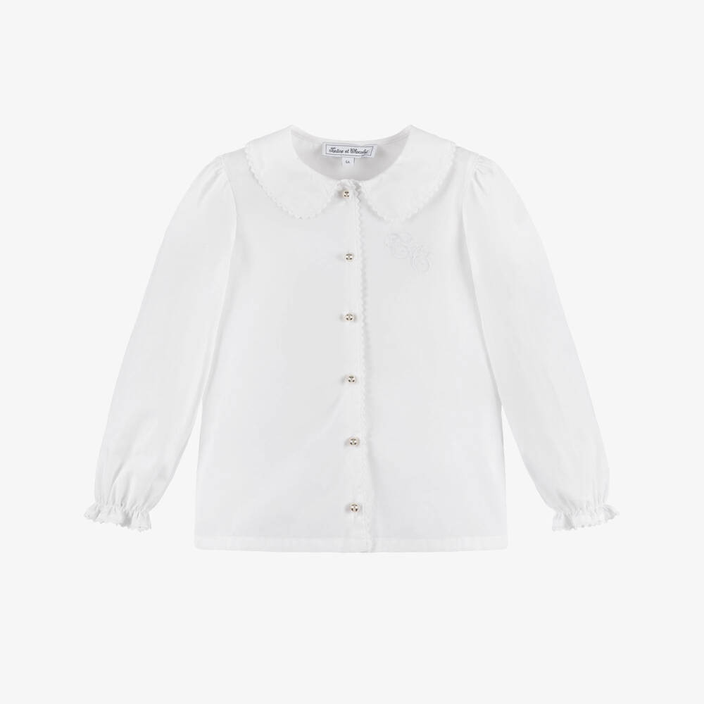 Tartine et Chocolat-Girls White Cotton Blouse with Ric Rac Trim Collar | Childrensalon Outlet