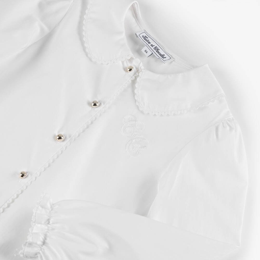 Tartine et Chocolat-Girls White Cotton Blouse with Ric Rac Trim Collar | Childrensalon Outlet