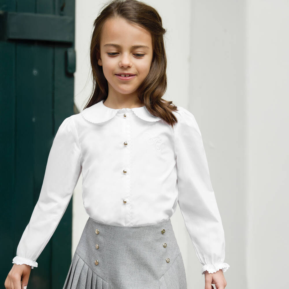 Tartine et Chocolat-Girls White Cotton Blouse with Ric Rac Trim Collar | Childrensalon Outlet
