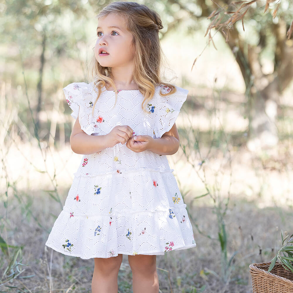 Tartine et Chocolat-Girls White Cotton Broderie Anglaise Dress | Childrensalon Outlet