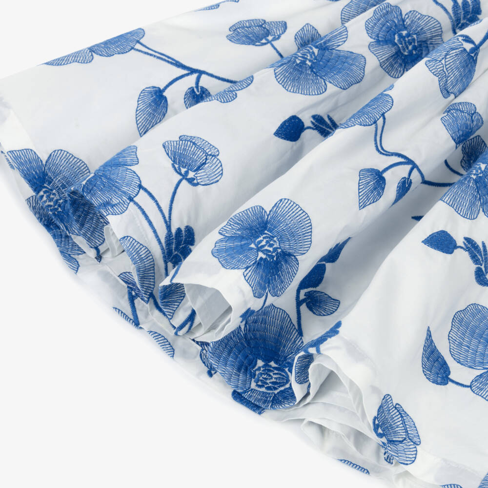 Tartine et Chocolat-Girls White Cotton Dress with Blue Floral Embroidery | Childrensalon Outlet