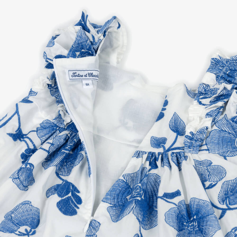 Tartine et Chocolat-Girls White Cotton Dress with Blue Floral Embroidery | Childrensalon Outlet