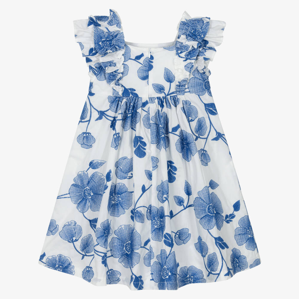 Tartine et Chocolat-Girls White Cotton Dress with Blue Floral Embroidery | Childrensalon Outlet