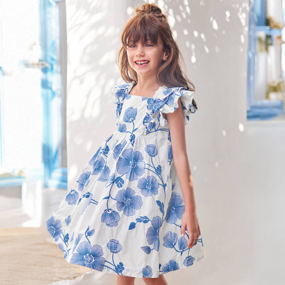Tartine et Chocolat-Girls White Cotton Dress with Blue Floral Embroidery | Childrensalon Outlet