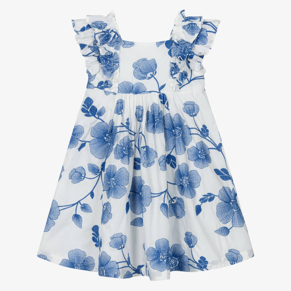 Tartine et Chocolat-Girls White Cotton Dress with Blue Floral Embroidery | Childrensalon Outlet