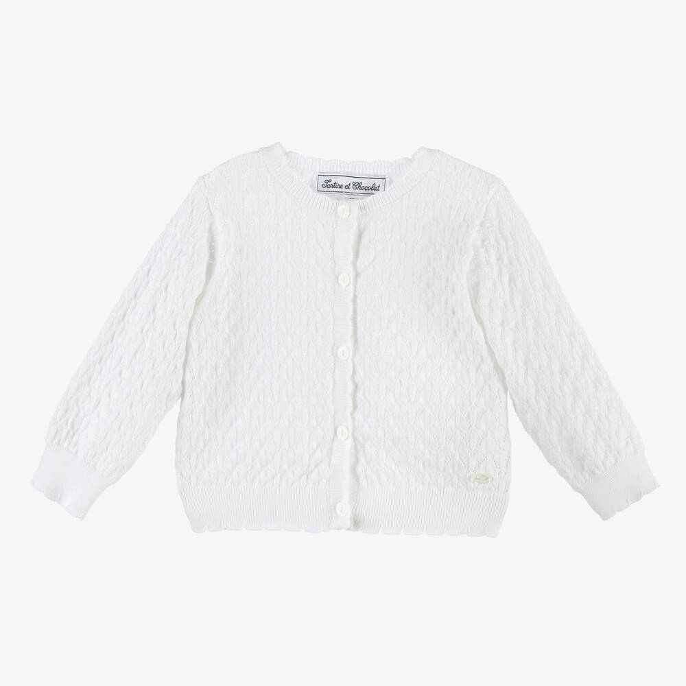Tartine et Chocolat-Girls White Cotton Knitted Cardigan  | Childrensalon Outlet
