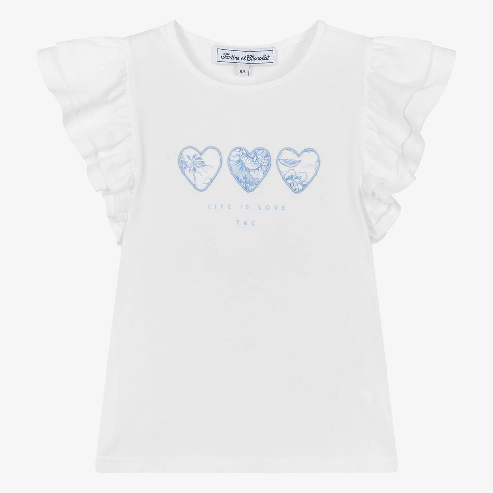 Tartine et Chocolat-Girls White Cotton Liberty Heart T-Shirt | Childrensalon Outlet