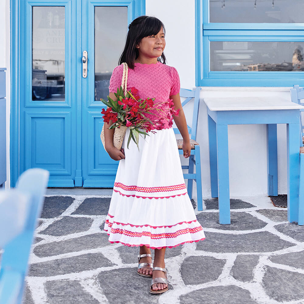 Tartine et Chocolat-Girls White Cotton Maxi Skirt with Pink Ric Rac Trim | Childrensalon Outlet