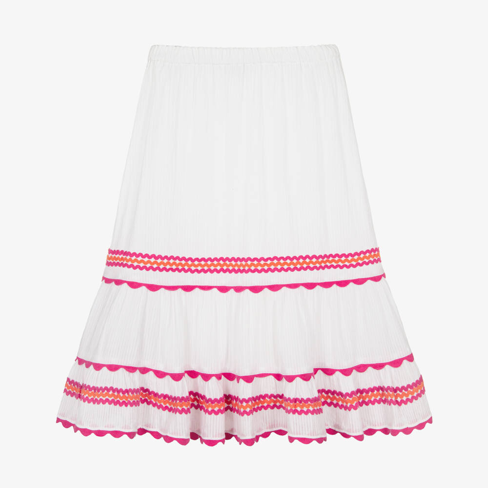 Tartine et Chocolat-Girls White Cotton Maxi Skirt with Pink Ric Rac Trim | Childrensalon Outlet