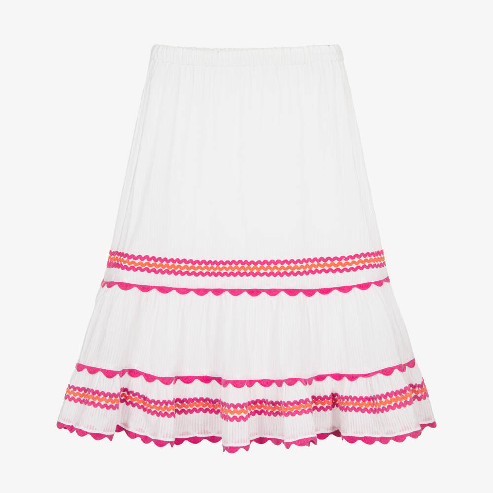 Tartine et Chocolat-Girls White Cotton Maxi Skirt with Pink Ric Rac Trim | Childrensalon Outlet