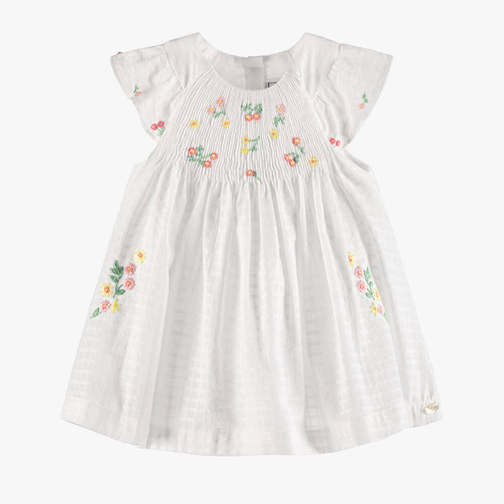 Tartine et Chocolat-Girls White Cotton Smocked & Embroidered Floral Dress | Childrensalon Outlet