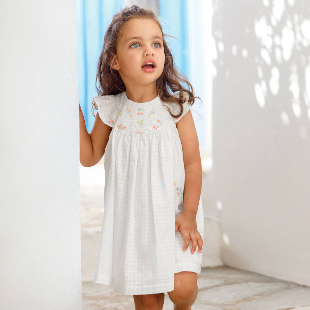 Tartine et Chocolat-Girls White Cotton Smocked & Embroidered Floral Dress | Childrensalon Outlet