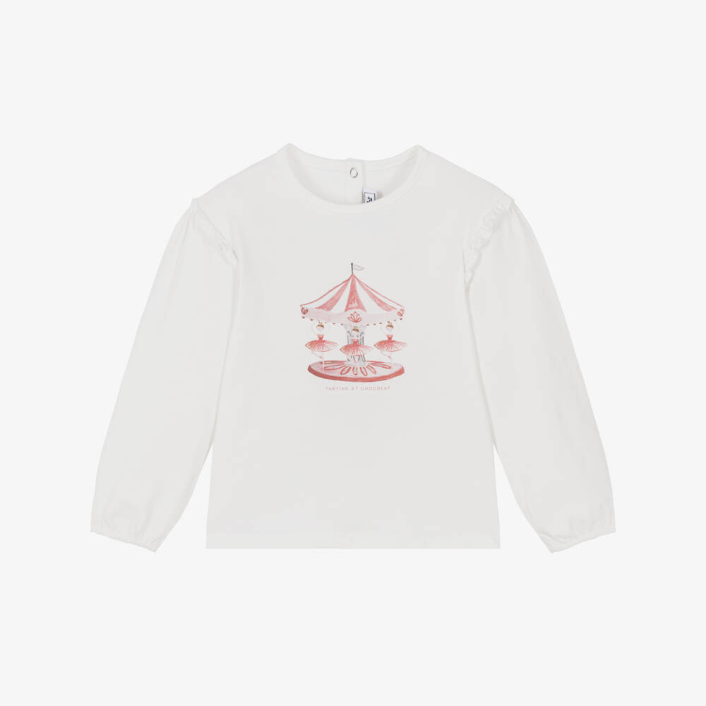 Tartine et Chocolat-Girls White Cotton Top with Ballerina & Carousel Print | Childrensalon Outlet