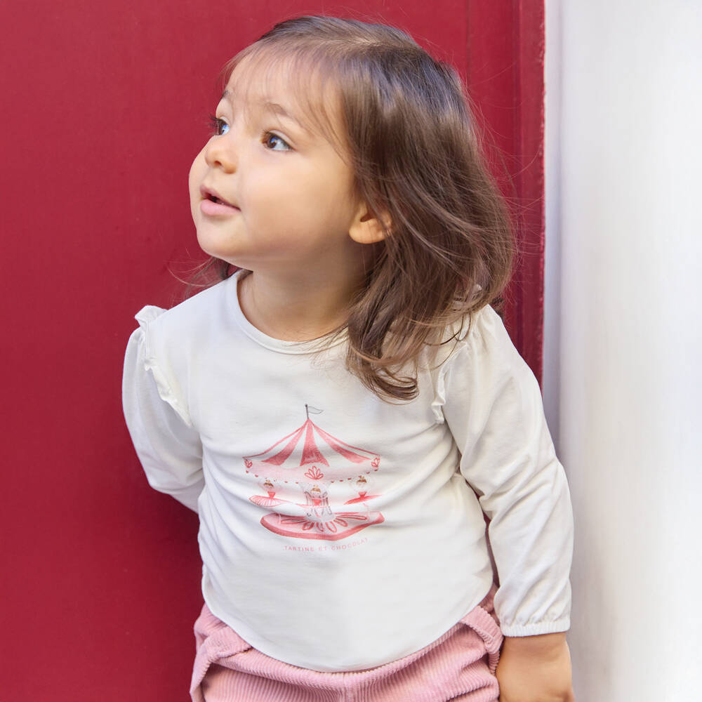 Tartine et Chocolat-Girls White Cotton Top with Ballerina & Carousel Print | Childrensalon Outlet