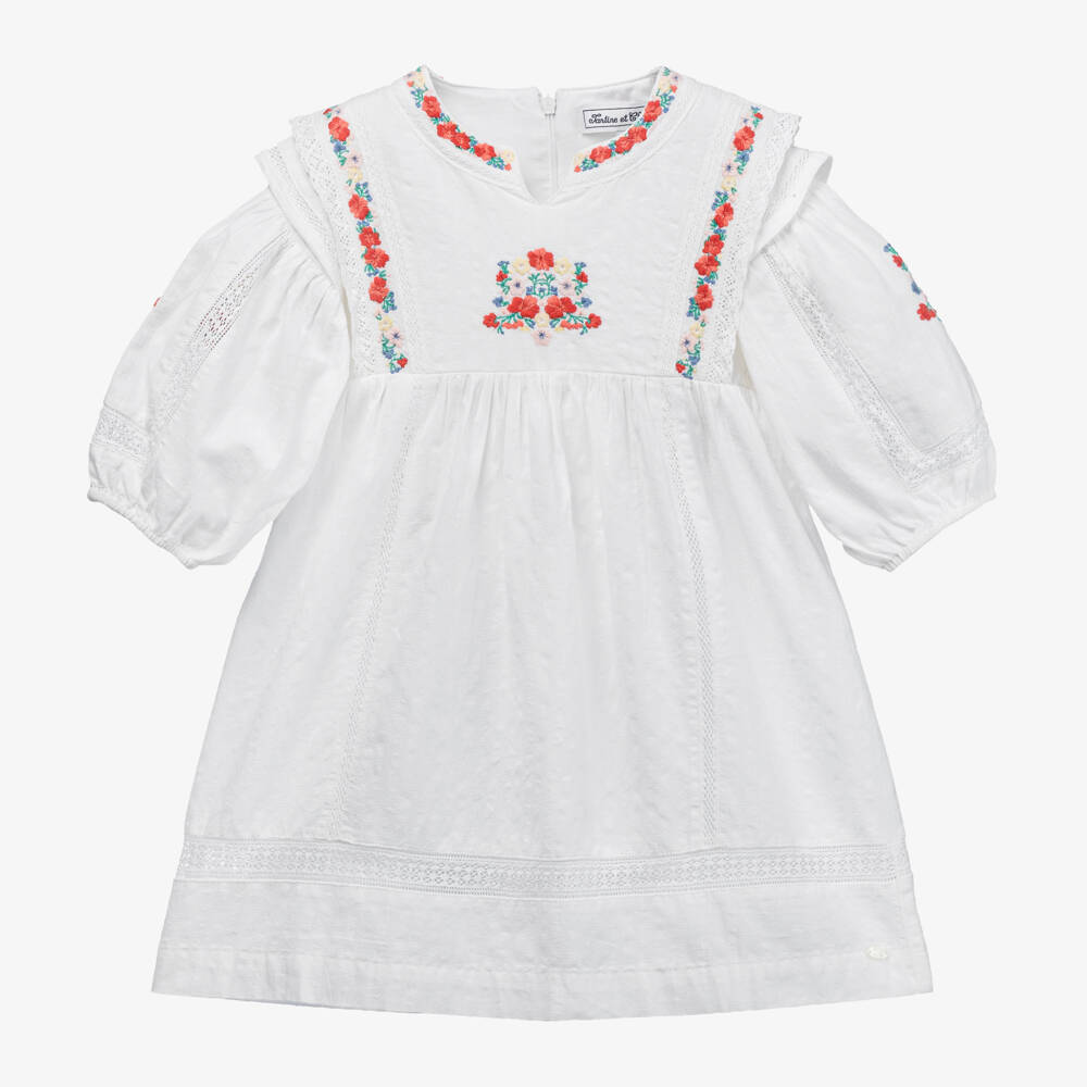 Tartine et Chocolat-Girls White Embroidered Floral Cotton Dress | Childrensalon Outlet