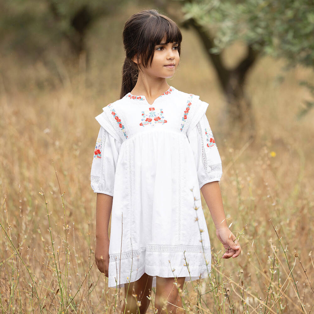 Tartine et Chocolat-Girls White Embroidered Floral Cotton Dress | Childrensalon Outlet