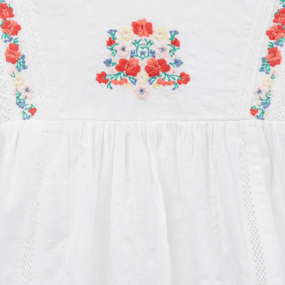 Tartine et Chocolat-Girls White Embroidered Floral Cotton Dress | Childrensalon Outlet