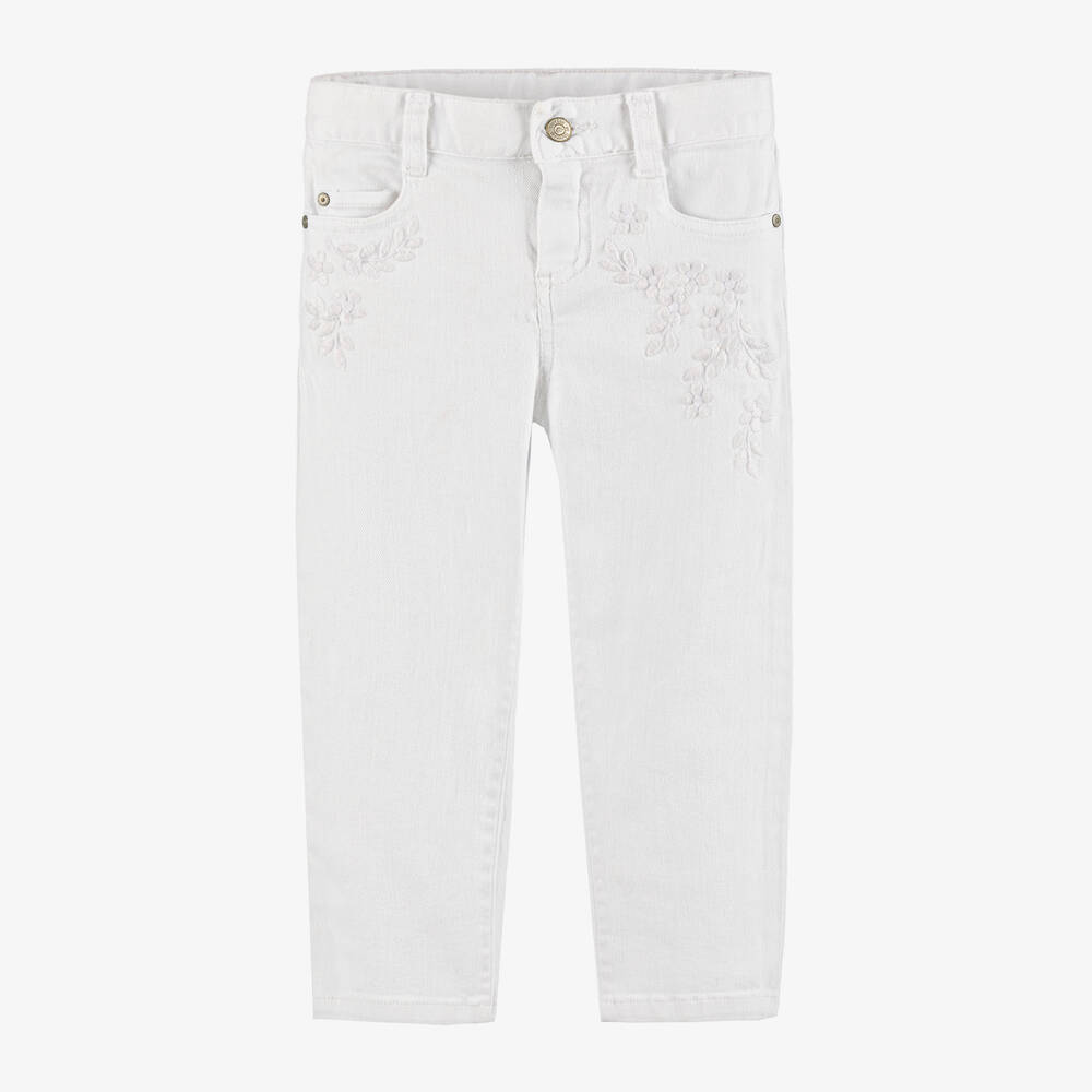 Tartine et Chocolat-Girls White Floral Denim Jeans | Childrensalon Outlet