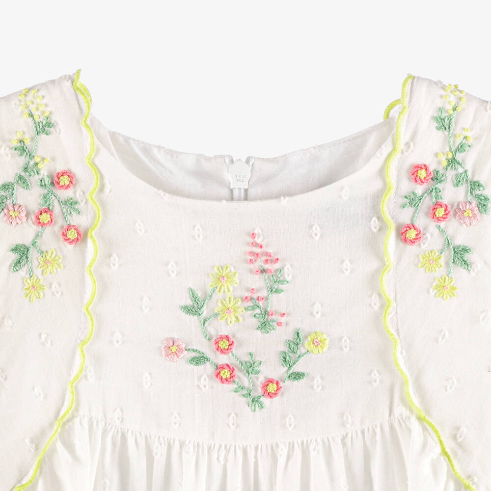 Tartine et Chocolat-Girls White Floral Embroidery Plumeti Cotton Dress | Childrensalon Outlet