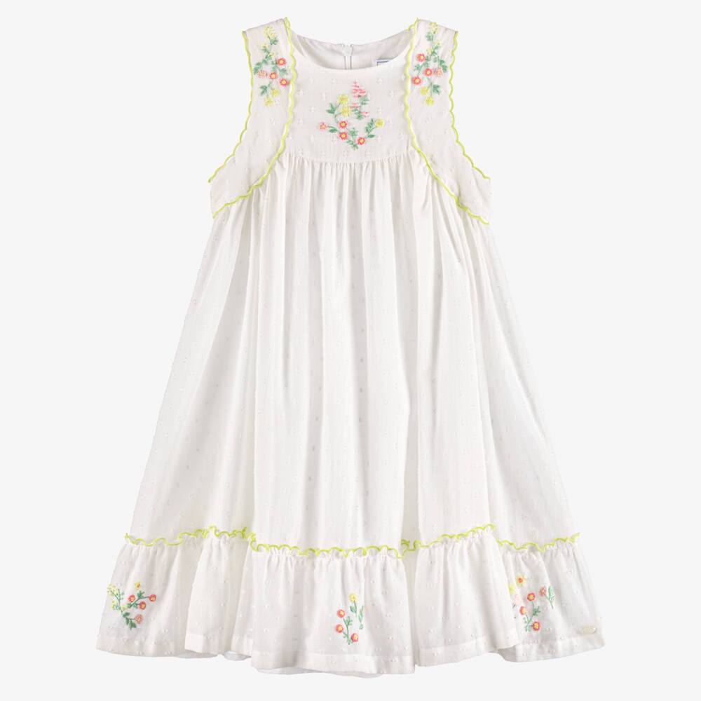 Tartine et Chocolat-Girls White Floral Embroidery Plumeti Cotton Dress | Childrensalon Outlet