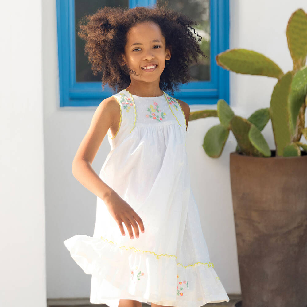 Tartine et Chocolat-Girls White Floral Embroidery Plumeti Cotton Dress | Childrensalon Outlet