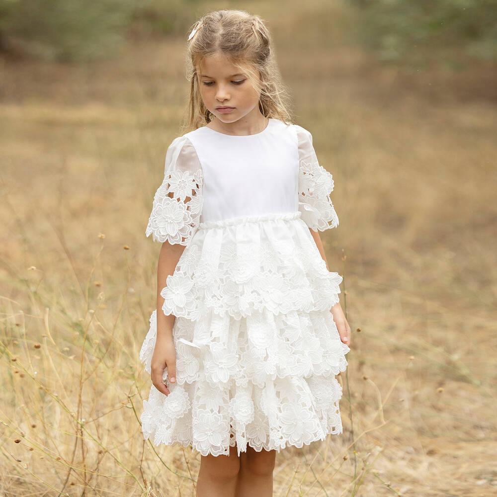 Tartine et Chocolat-فستان أورغانزا مطرز بورود لون أبيض | Childrensalon Outlet