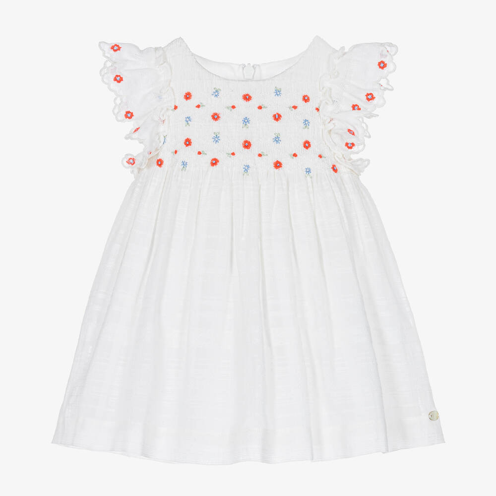 Tartine et Chocolat - Weißes gesmoktes Kleid mit Blumen  | Childrensalon