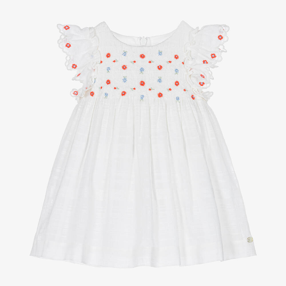 Tartine et Chocolat-Girls White Floral Smocked Dress  | Childrensalon Outlet