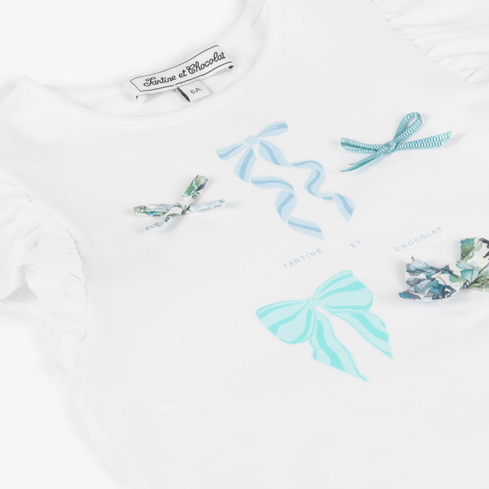 Tartine et Chocolat-Футболка для девочек белая с бантиками и рукавами-крылышками | Childrensalon Outlet