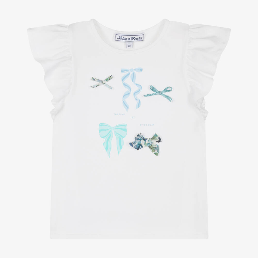 Tartine et Chocolat-Girls White Flutter Sleeve Tee with Bows | Childrensalon Outlet