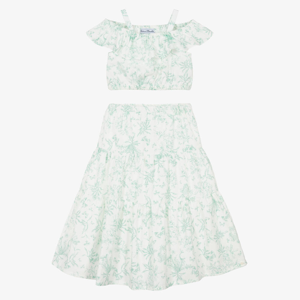 Tartine et Chocolat-Комплект из хлопковой юбки с зелеными цветами для девочек | Childrensalon Outlet