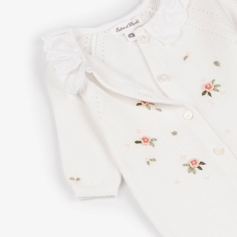 Tartine et Chocolat-Girls' White Knit Floral Romper | Childrensalon Outlet