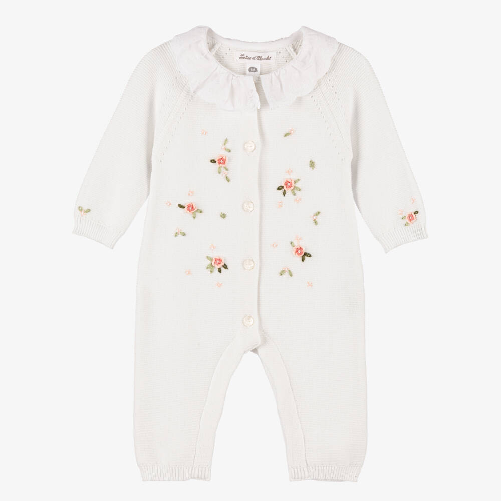 Tartine et Chocolat-Girls' White Knit Floral Romper | Childrensalon Outlet