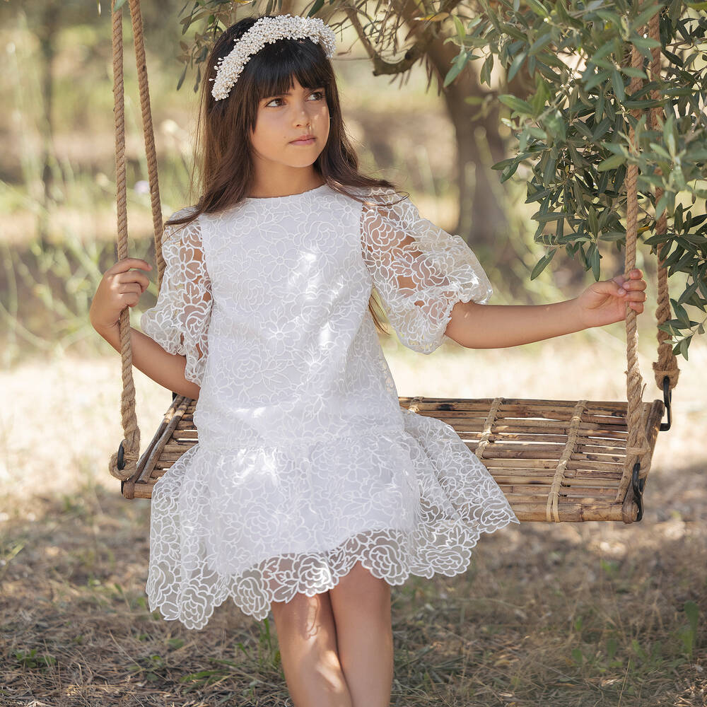 Tartine et Chocolat-Girls White Organza Puffed Sleeve Dress | Childrensalon Outlet