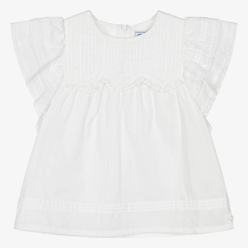 Tartine et Chocolat-Girls White Pleated Cotton Blouse | Childrensalon Outlet