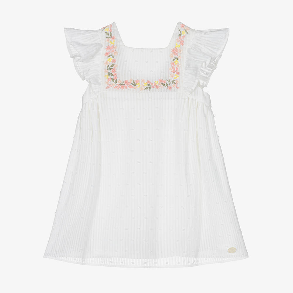Tartine et Chocolat - Girls White Plumeti Cotton Dress | Childrensalon