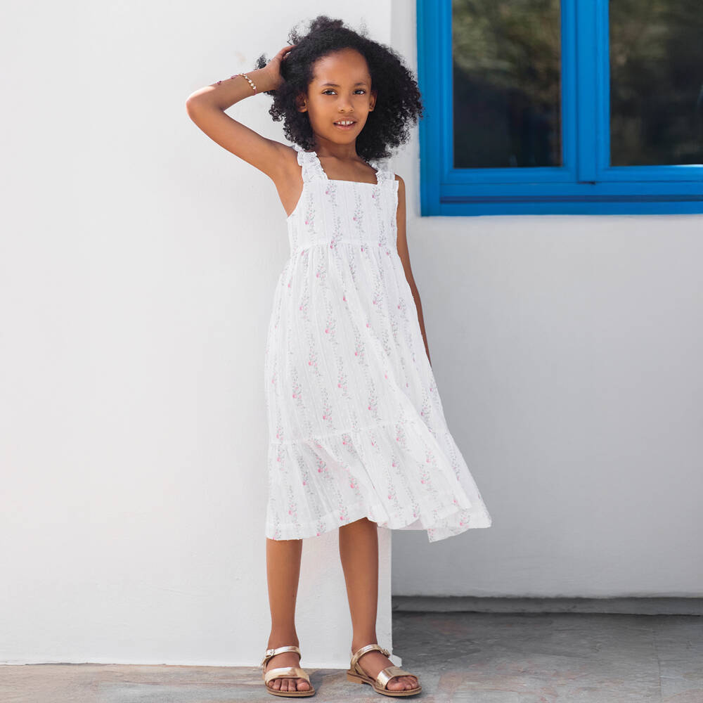 Tartine et Chocolat-Girls White Plumeti Cotton Dress with Pink Rose Print | Childrensalon Outlet