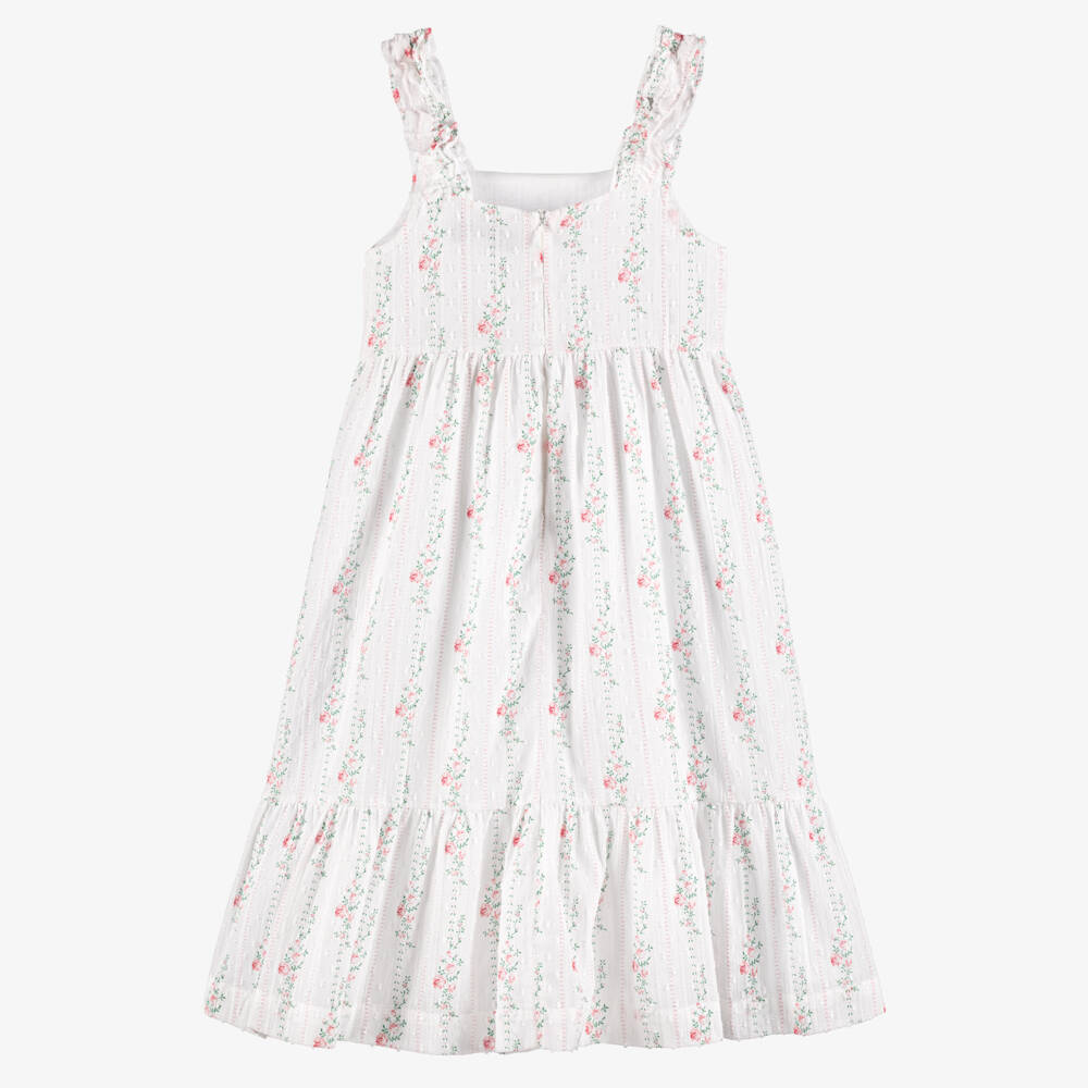 Tartine et Chocolat-Girls White Plumeti Cotton Dress with Pink Rose Print | Childrensalon Outlet