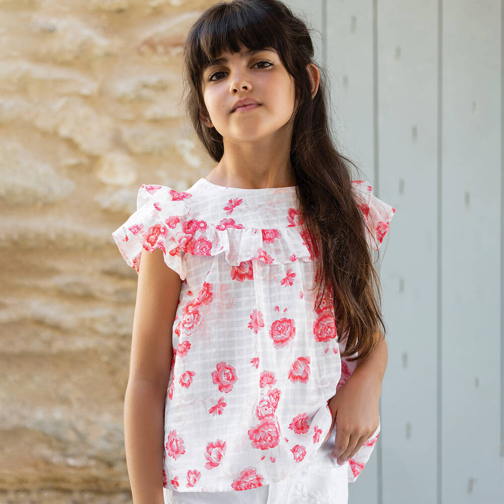 Tartine et Chocolat-Girls White & Red Floral Cotton Blouse | Childrensalon Outlet