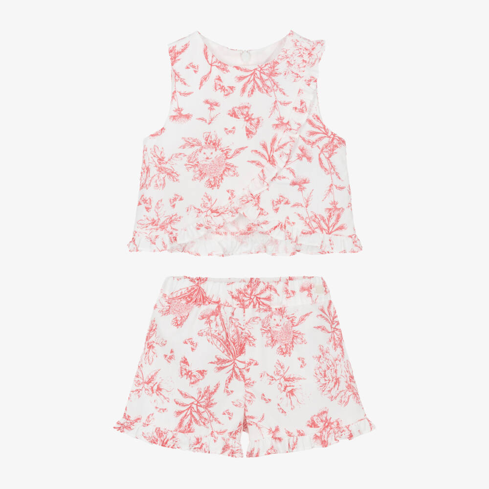 Tartine et Chocolat-Girls White & Red Floral Cotton Ruffle Shorts Set | Childrensalon Outlet
