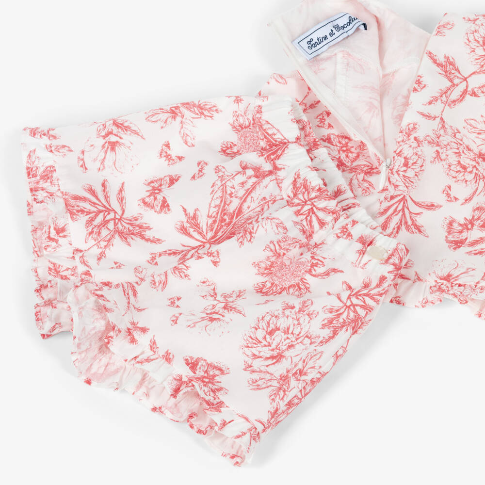 Tartine et Chocolat-Girls White & Red Floral Cotton Ruffle Shorts Set | Childrensalon Outlet