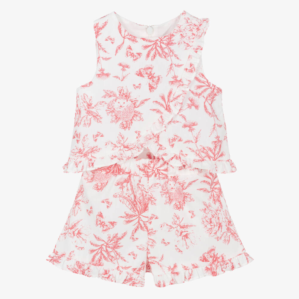 Tartine et Chocolat-Girls White & Red Floral Cotton Ruffle Shorts Set | Childrensalon Outlet