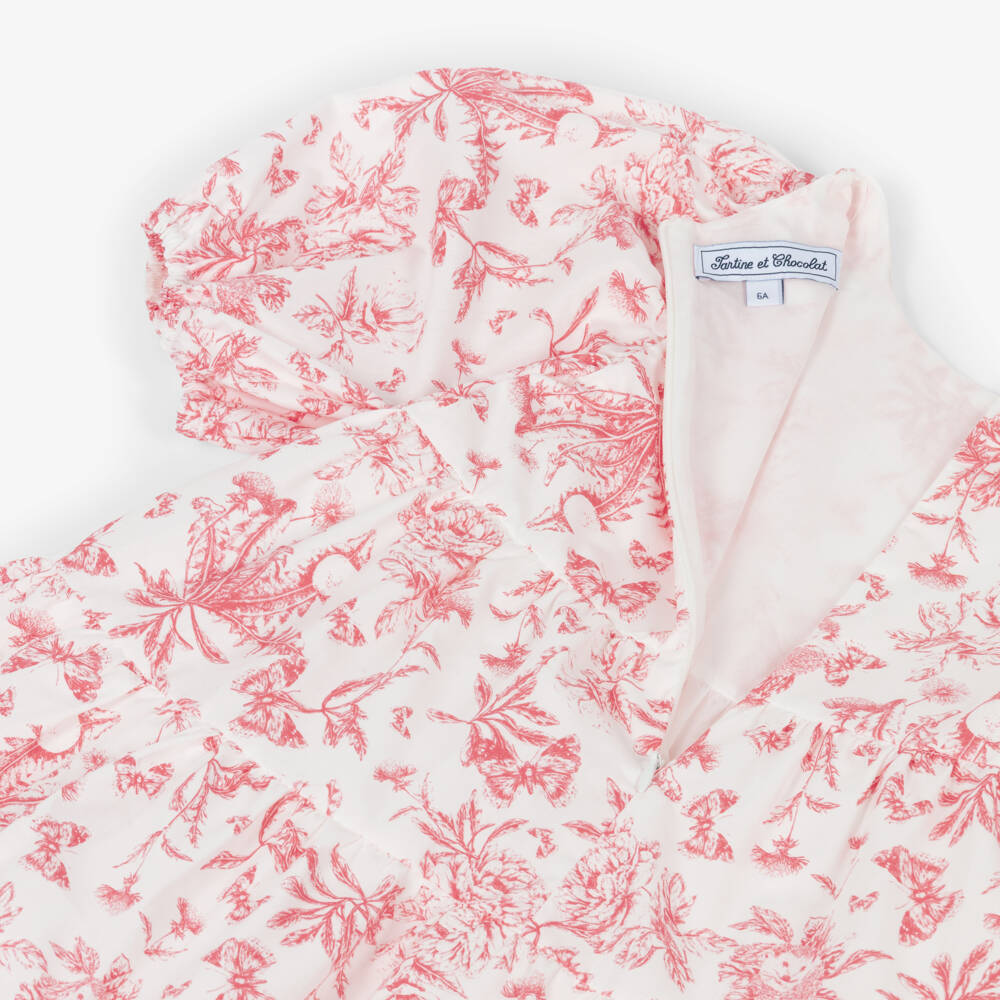 Tartine et Chocolat-Girls White & Red Floral Puffed Sleeve Dress | Childrensalon Outlet