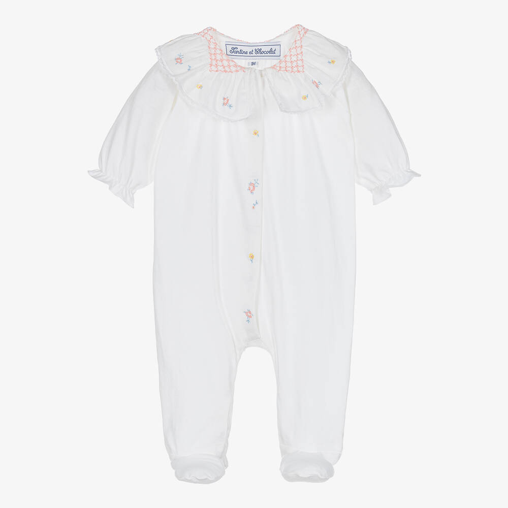 Tartine et Chocolat - Girls White Smocked Collar Babygrow | Childrensalon