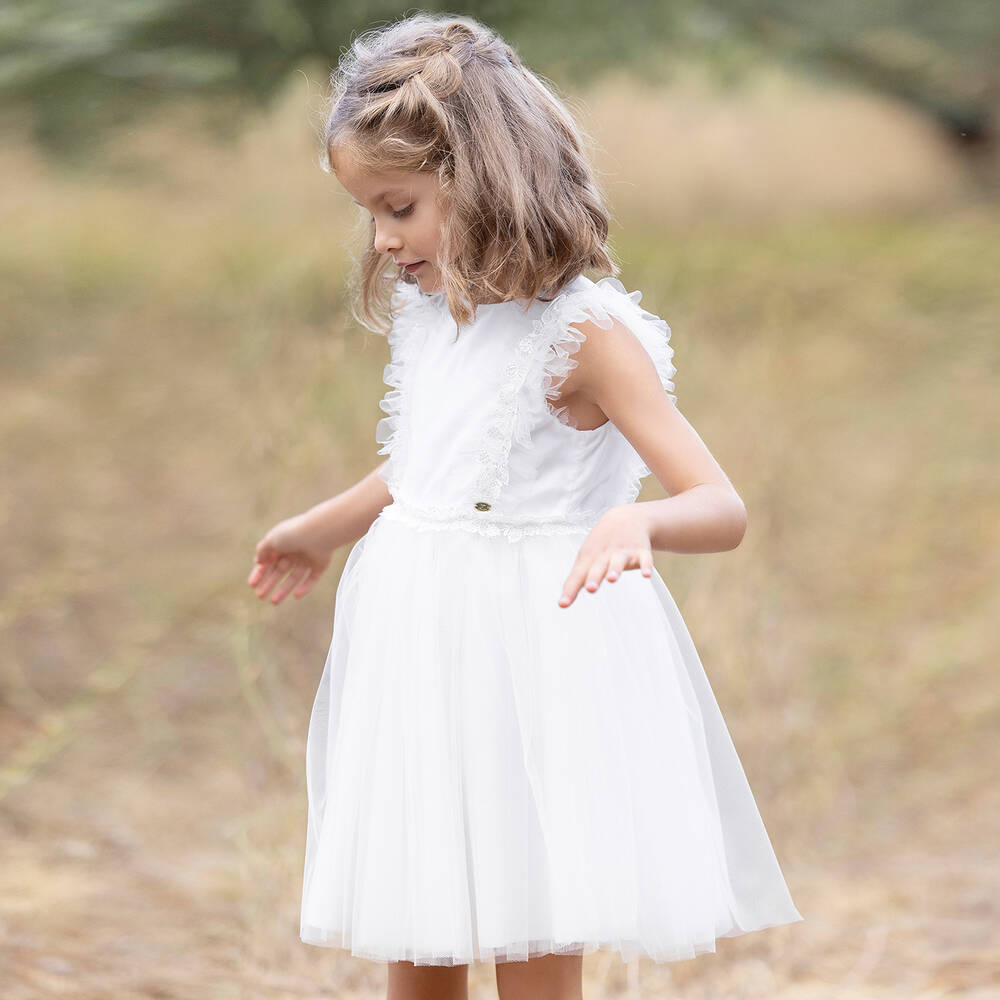 Tartine et Chocolat-Girls White Tulle & Lace Dress | Childrensalon Outlet