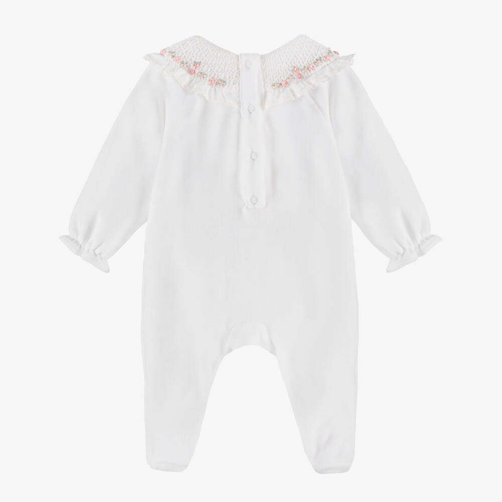 Tartine et Chocolat-Girls White Velour Rose Embroidered Collar Babygrow | Childrensalon Outlet