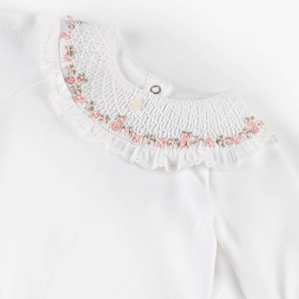 Tartine et Chocolat-Girls White Velour Rose Embroidered Collar Babygrow | Childrensalon Outlet