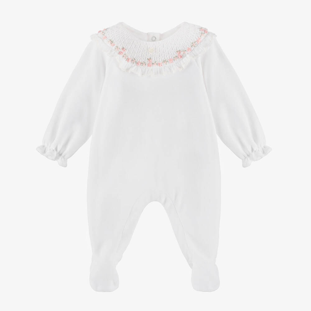 Tartine et Chocolat-Girls White Velour Rose Embroidered Collar Babygrow | Childrensalon Outlet