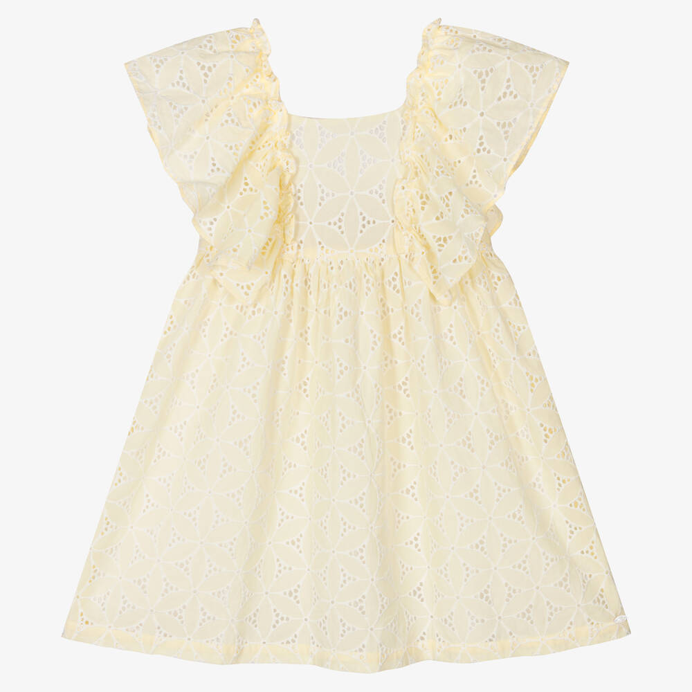Tartine et Chocolat - Girls Yellow Broderie Anglaise Dress | Childrensalon