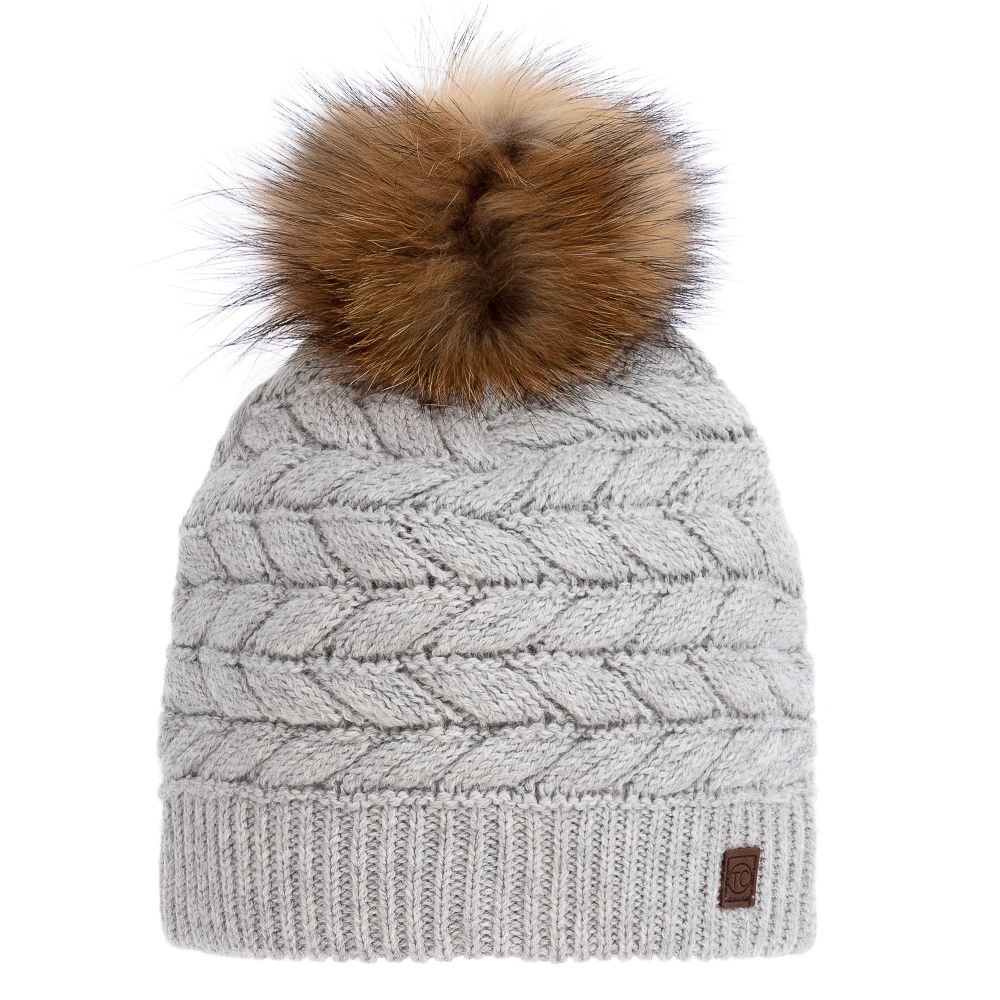 Tartine et Chocolat - Bonnet gris en tricot à pompon en fourrure | Childrensalon